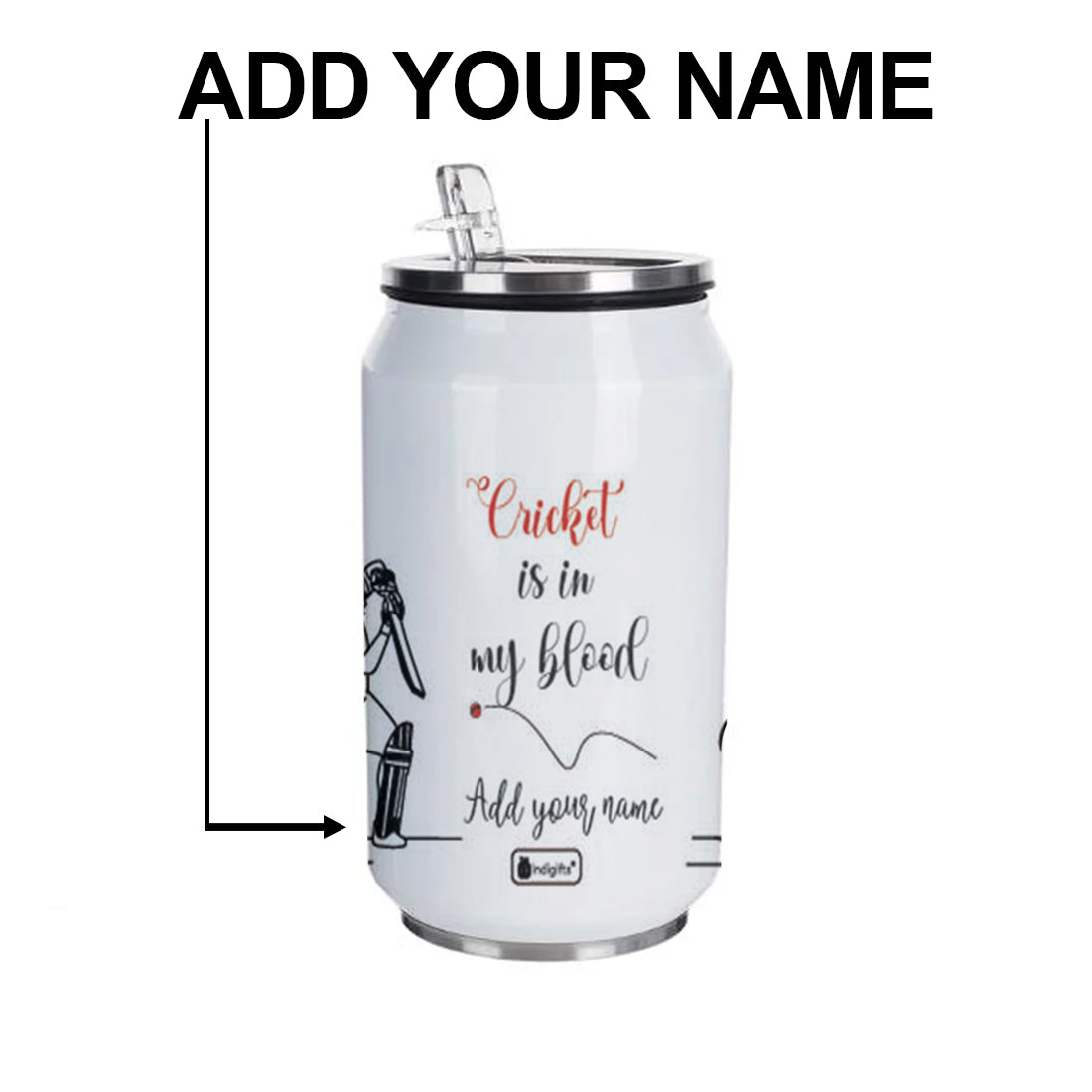 Cricket In Blood Personalised Sipper Can With Lid And Straw - 350 ML