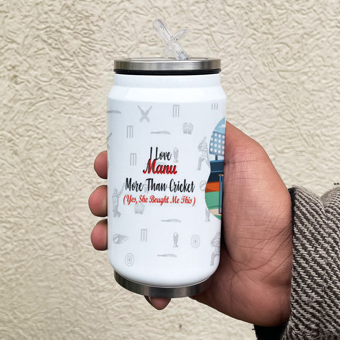 Cricket Love Boyfriend Personalised Sipper Can With Lid And Straw - 350 ML