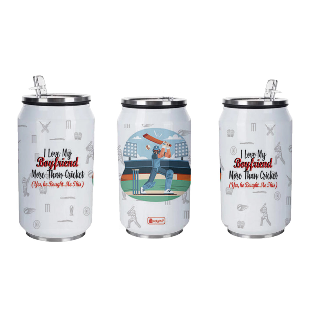 Cricket Love Boyfriend Printed Sipper Can With Lid And Straw - 350 ML