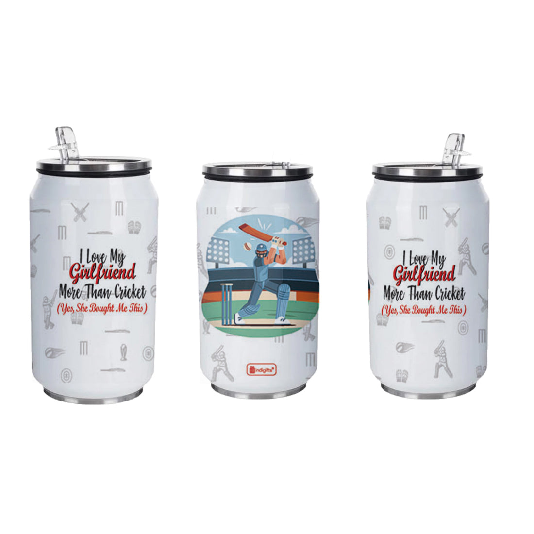 Cricket Love Girlfriend Printed Sipper Can With Lid And Straw - 350 ML