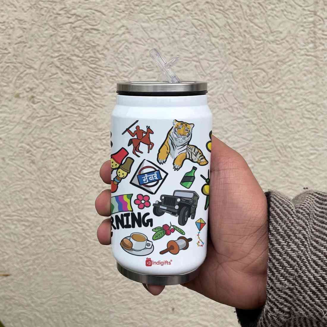 Good Morning Design doodle art steel sipper can - Discovering India