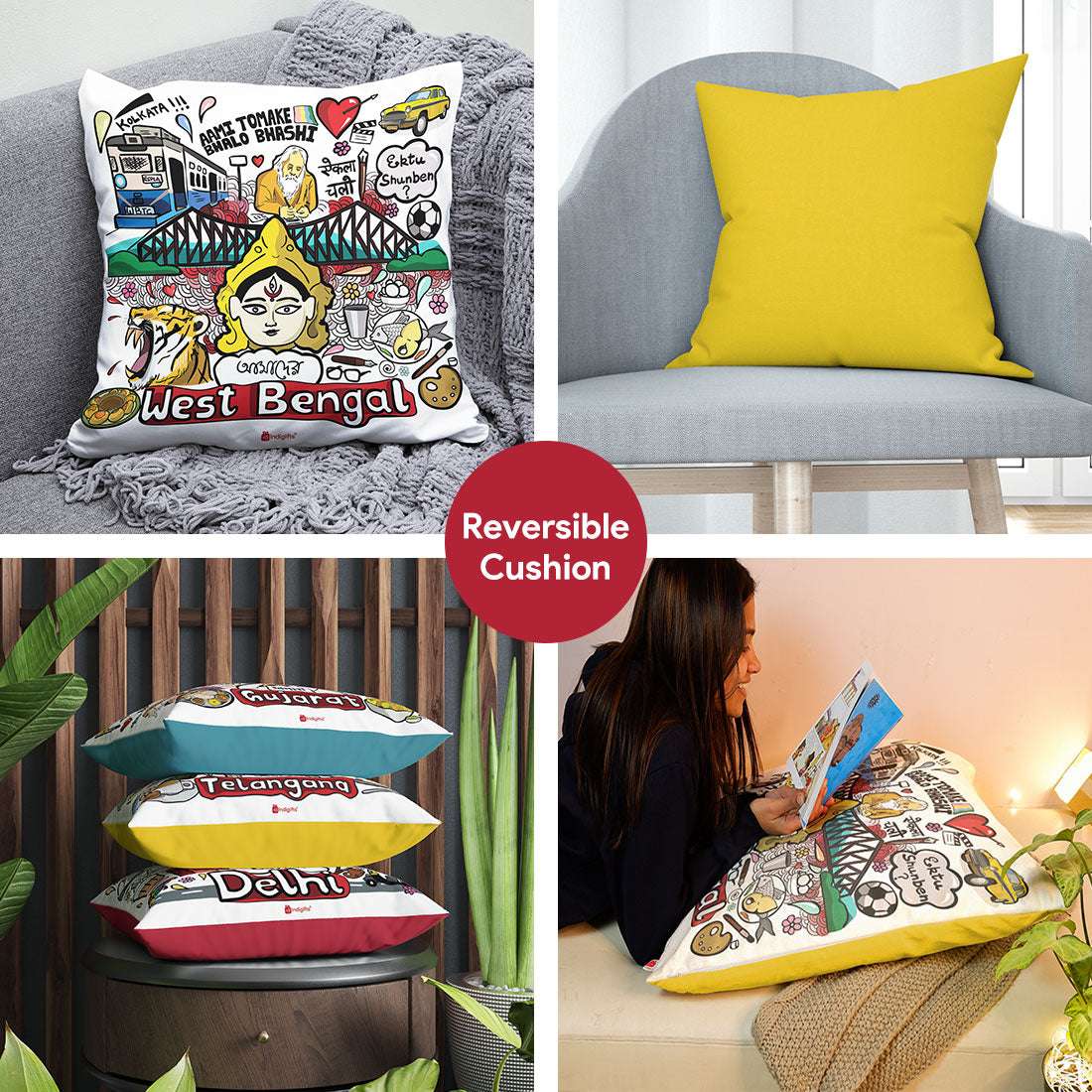 West Bengal - Doodle Art Reversible Zipper Cushion with Filler - Discovering India