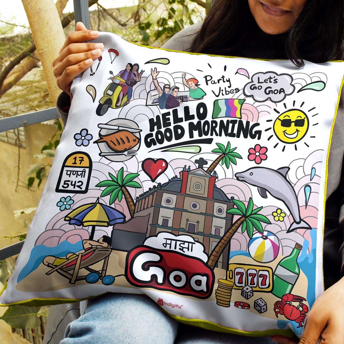 Goa - Doodle Art Reversible Zipper Cushion with Filler - Discovering India