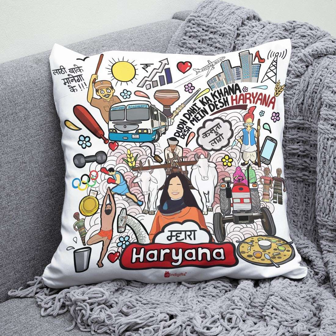 Haryana -  Doodle Art Reversible Zipper Cushion with Filler - Discovering India