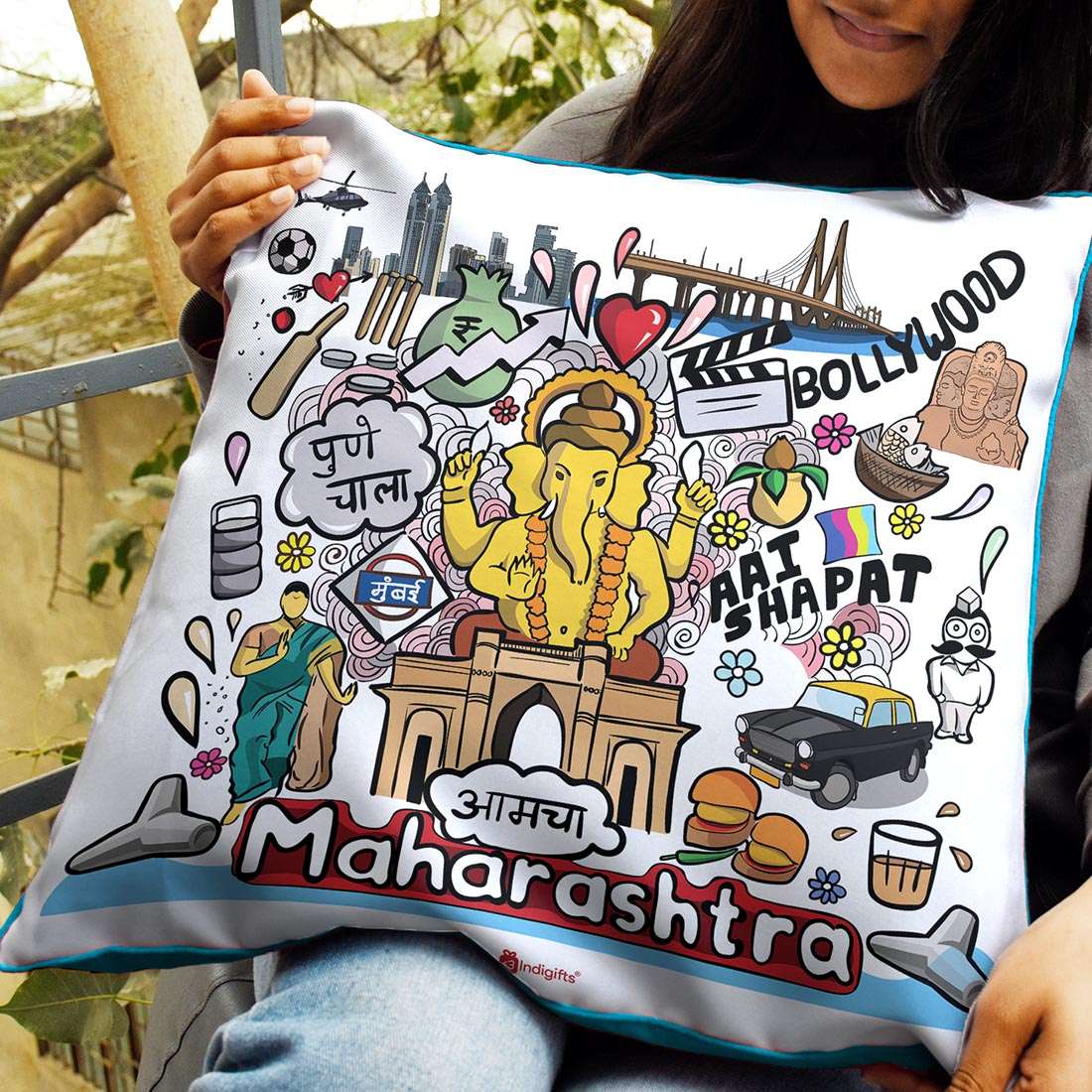 Maharashtra - Doodle Art Reversible Zipper Cushion with Filler - Discovering India