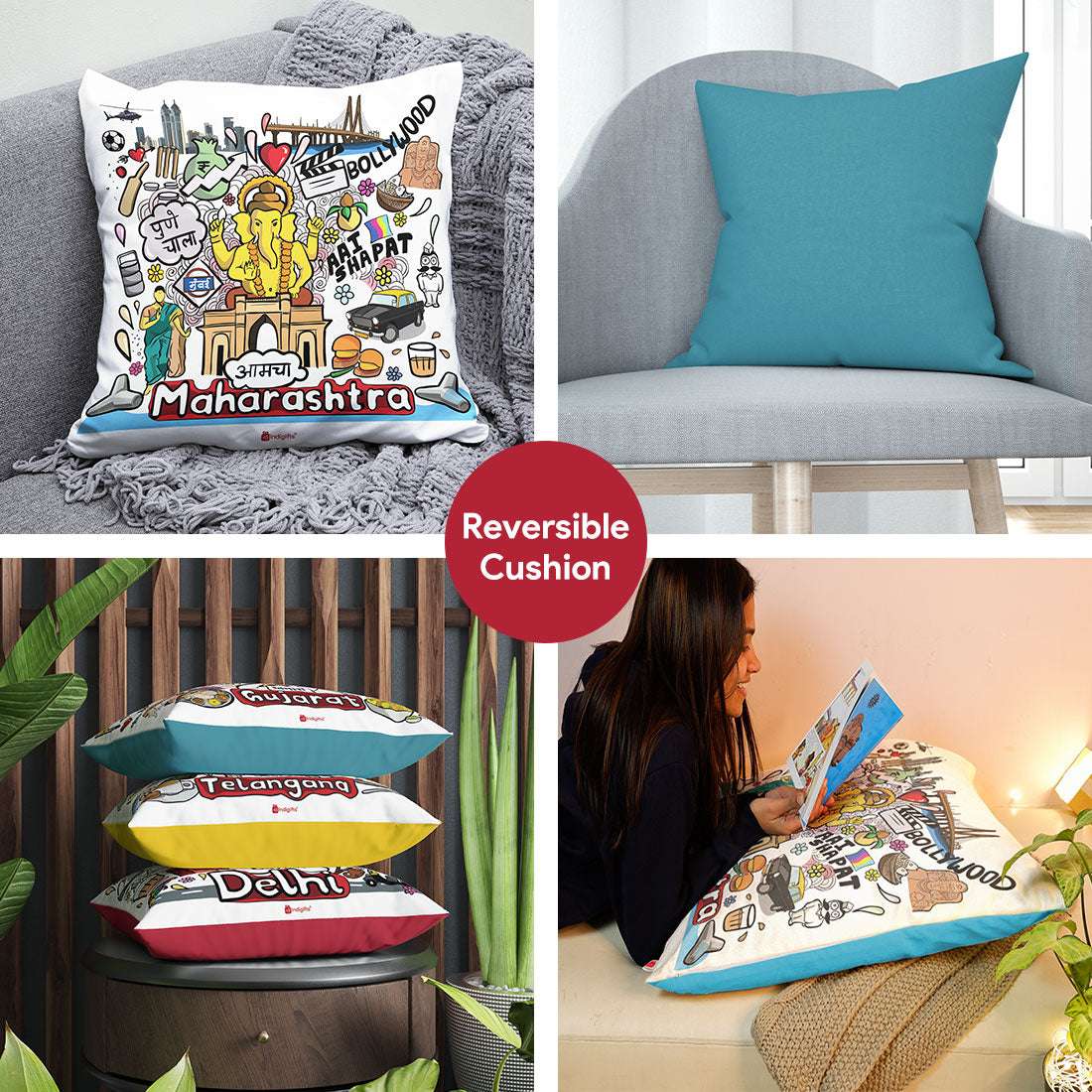 Maharashtra - Doodle Art Reversible Zipper Cushion with Filler - Discovering India