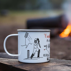 Personalised Cricket In Blood Printed Enamel Mug - Customize Mug With Your Name