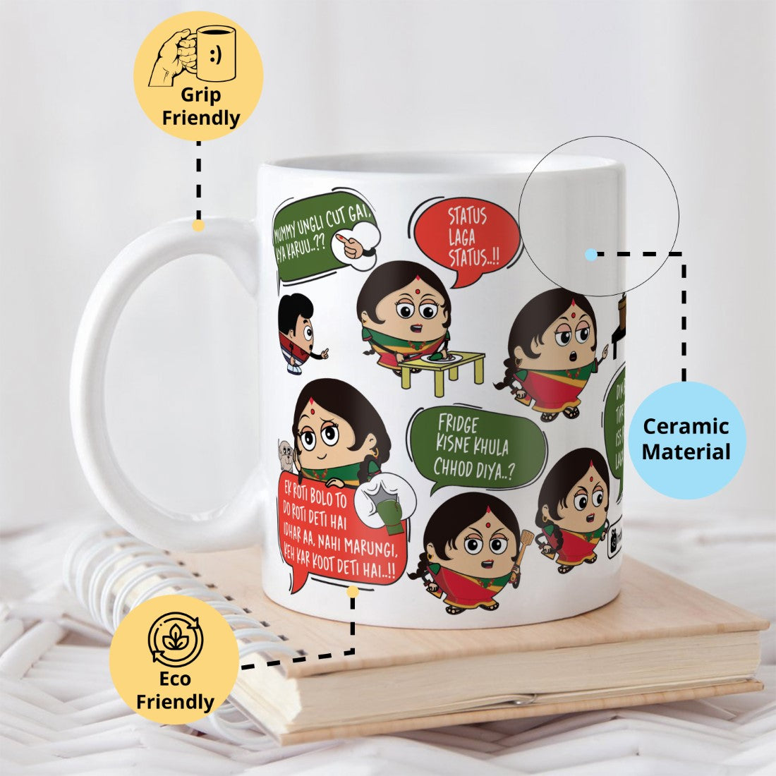 Mom Dialogue Printed Cushion, Wall Hanging, Ceramic Coffee Mug and Instruction Board For Mothers Day Gift