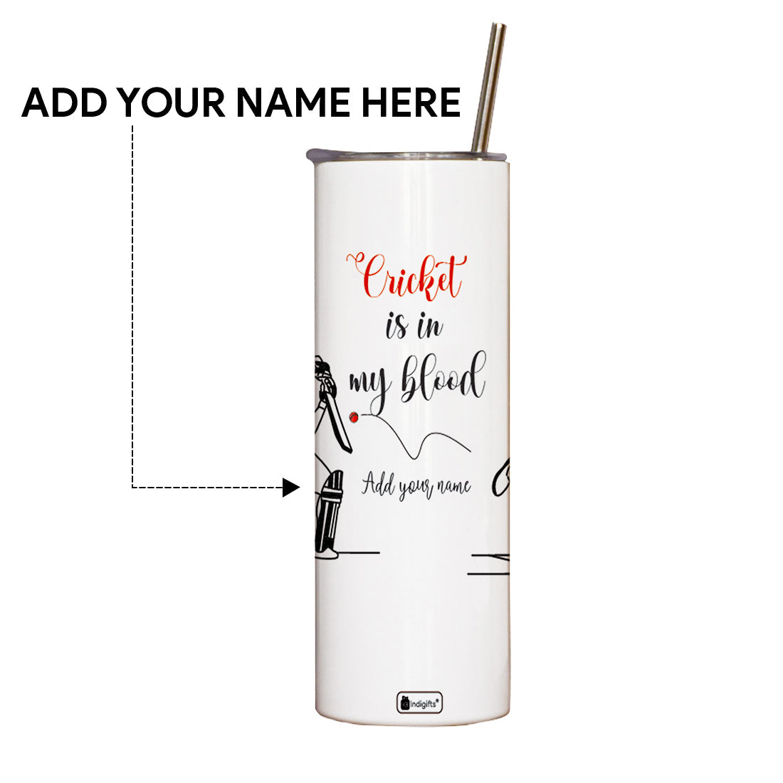 Personalised Cricket In Blood Printed Tumbler With Lid And Steel Straw - Customize Tumbler With Your Name