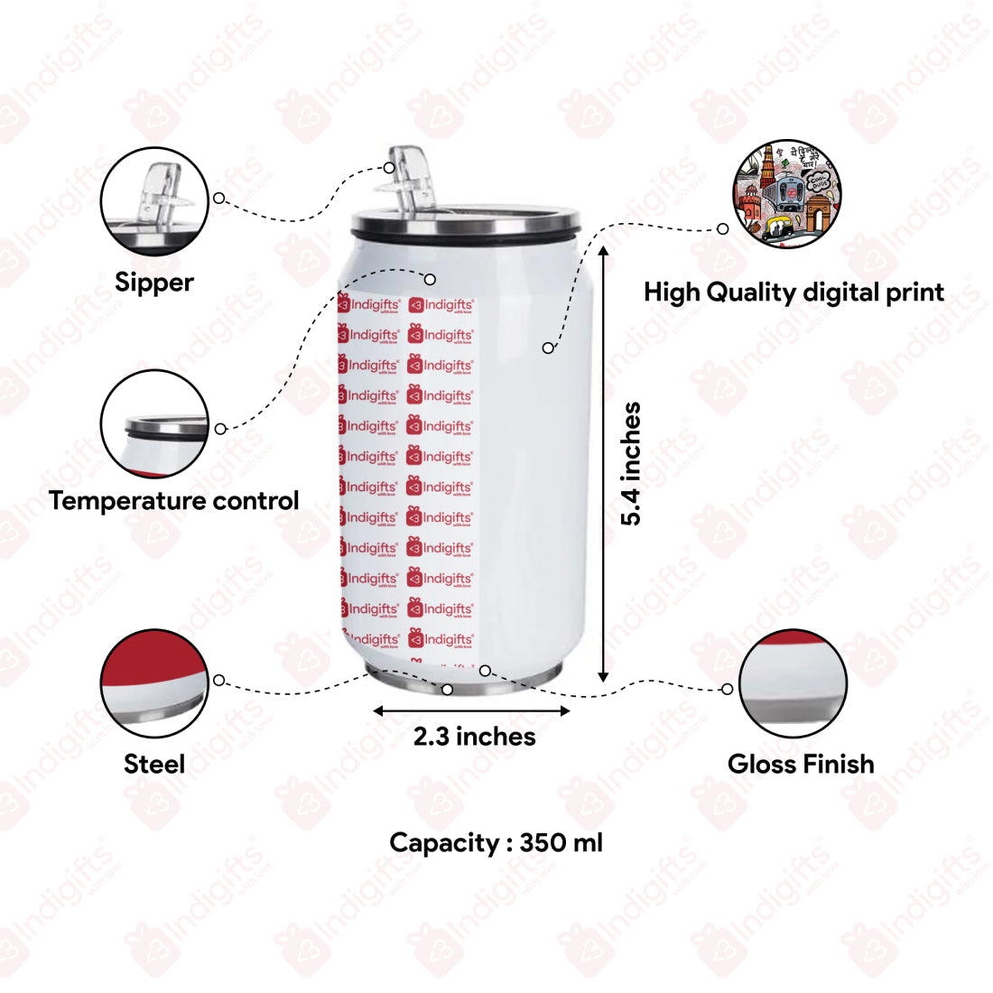 Insulated Steel Sipper Can With Lid And Straw - 350 ML