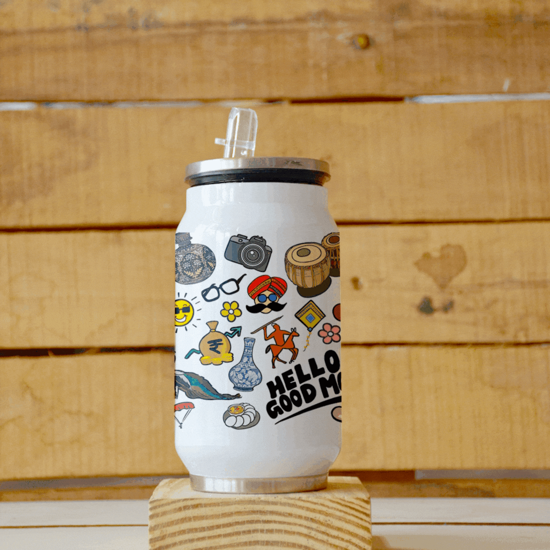 Good Morning Design doodle art steel sipper can - Discovering India