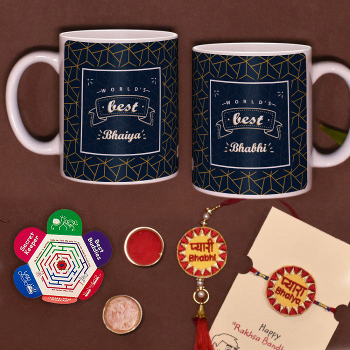 World'S Best Bhaiya & Bhabhi  Printed 2 Mugs with Bhaiya Bhabhi Embroidery Rakhi Combo