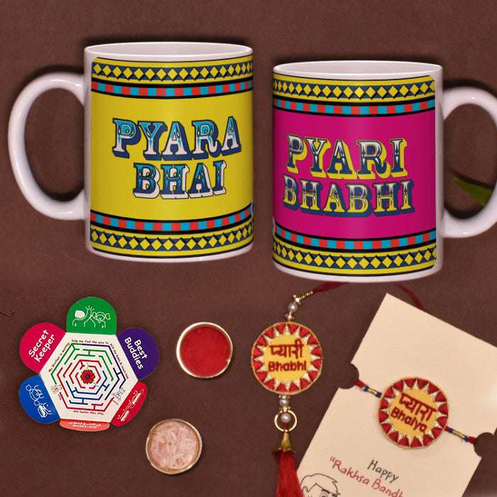 Pyara Bhai & Bhabhi 2 Mugs with Bhaiya Bhabhi Embroidery Rakhi Combo