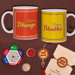 Luv U Bhaiya & Bhabhi 2 Mugs with Bhai Bhabhi Embroidery Rakhi Combo