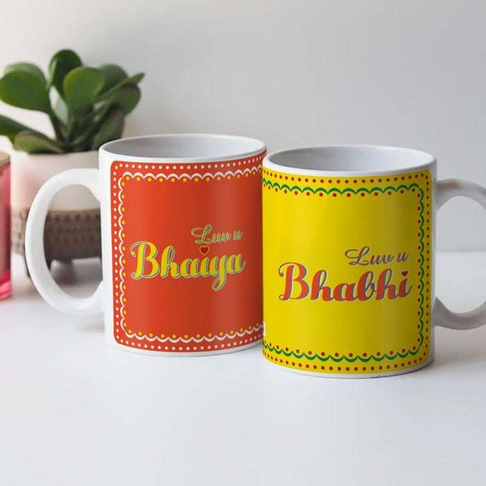 Luv U Bhaiya & Bhabhi 2 Mugs with Bhai Bhabhi Embroidery Rakhi Combo