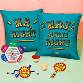 Mr. Right & Mrs. Right Cushion with Brother and Sister in law embroidery Rakhi