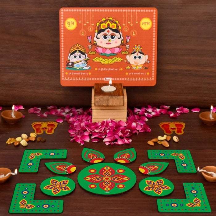 Laxmi Ganesh Diya Stand and Traditional DIY Rangoli Duo