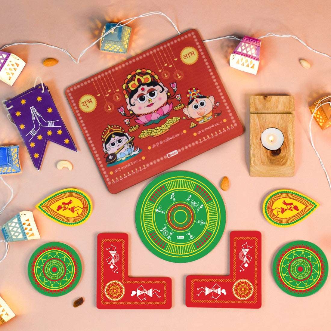 Diwali Hamper with Fairy Lights, Laxmi Ganesh Stand & Rangoli