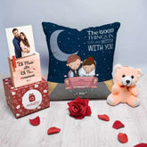 Good Things Are Better With You Printed Cushion Cover with Filler, Love Message Card, Wooden Photo Stand, Cute Teddy & Artificial Red Rose