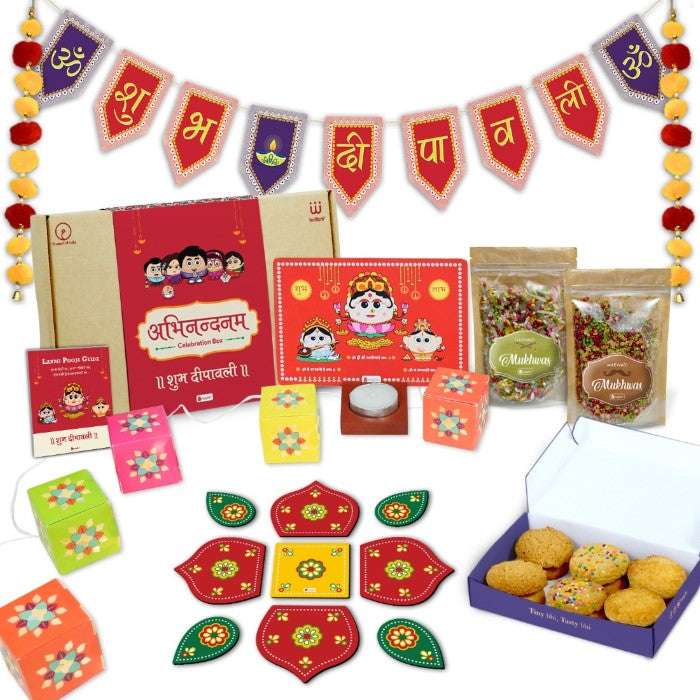 Abhinandan Box of DIY Decoratives, Laxmi Ganesh Tea-Light Stand & Health-Packed Goodies