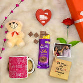 Mug, Wooden Photo Stand, Teddy, Rose With Cadbury Dairy Milk Silk Gift For Valentine