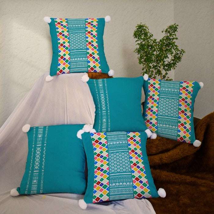 Blue Abstract Printed Decorative Cushion Cover Set with Pom-Pom