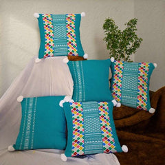 Blue Abstract Printed Decorative Cushion Cover Set with Pom-Pom