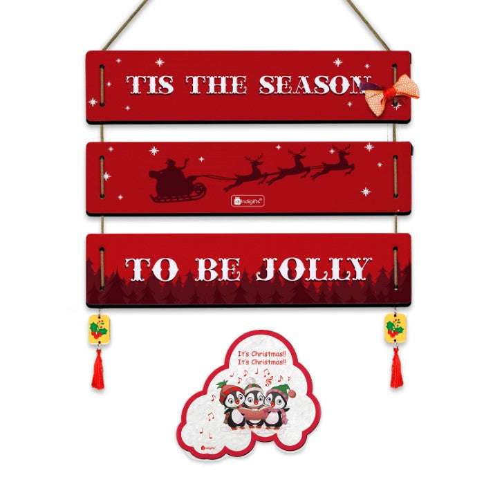 Christmas Wall Hanging For Decoration TIS the Season to Be Jolly Quotes Printed Red 3 Panel Wall Hanging and Fridge Magnet For Christmas Decoration