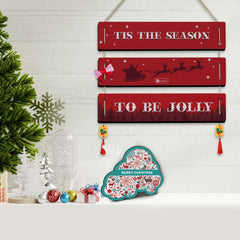 Christmas Wall Hanging For Decoration TIS the Season to Be Jolly Quotes Printed Red 3 Panel Wall Hanging and Fridge Magnet For Christmas Decoration