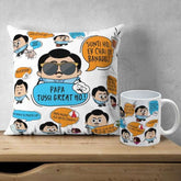 Gift for Dad, Father's Day Gift Hamper- Papa Tussi Great Ho Printed Poly Satin Cushion and Ceramic Coffee Mug