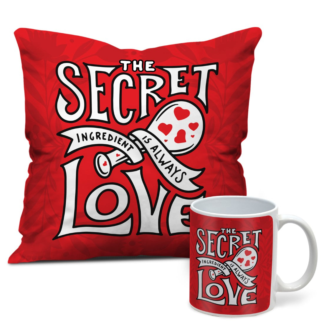 Valentine Gift Combo Red Printed Cushion Cover, Filler, Coffee Mug With Love Quote