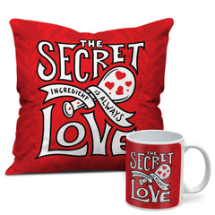 Valentine Gift Combo Red Printed Cushion Cover, Filler, Coffee Mug With Love Quote