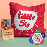 Rakhi and Cushion Cover with Little Sis Print Wooden Plaque Gift
