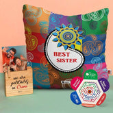Cushion with Best Sis Print Wooden Plaque Gift and Rakhi