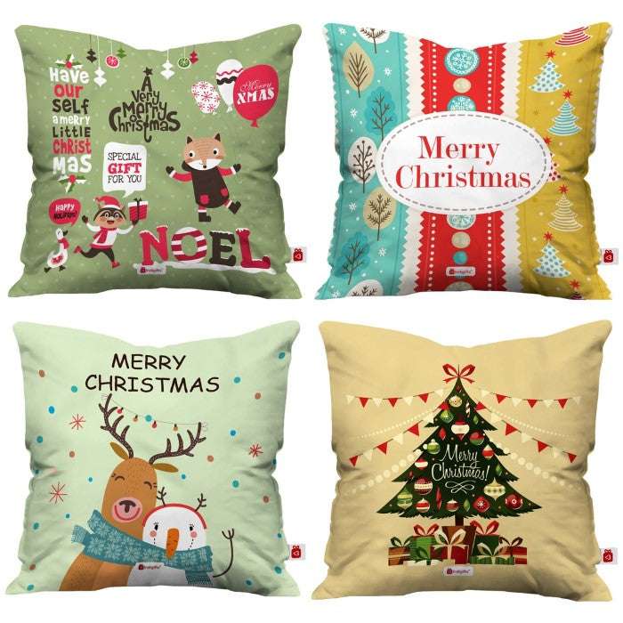 4 Piece Set 'Happy Huggers’ Christmas Decor Glitter Assorted Cushion Covers