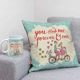 A perfect gift for proposing someone. A perfect gift for valentine. Cushion and mug set from Indigifts. You and Me forever cushion and mug