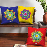 Set of 3 Cushion Covers Colorful Flower Indian Rangoli