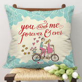 Young Couple Riding On A Bicycle White Cushion Cover
