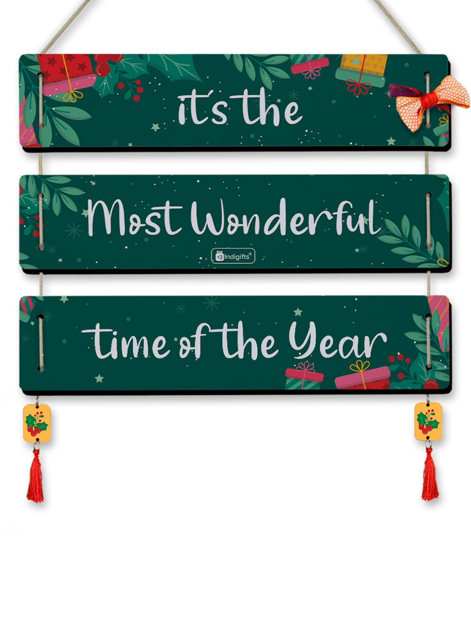 TIS the Season to Be Jolly Quotes Printed 3 Panel Wall Hanging and Brown Fridge Magnet