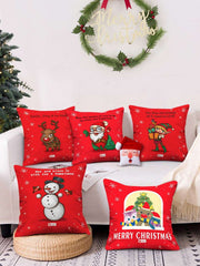 Christmas Cushion Covers Merry Christmas Characters Printed Set of 5 Red Pillow Covers 12X12 Inches with Filler and Revesible Santa Soft Toy