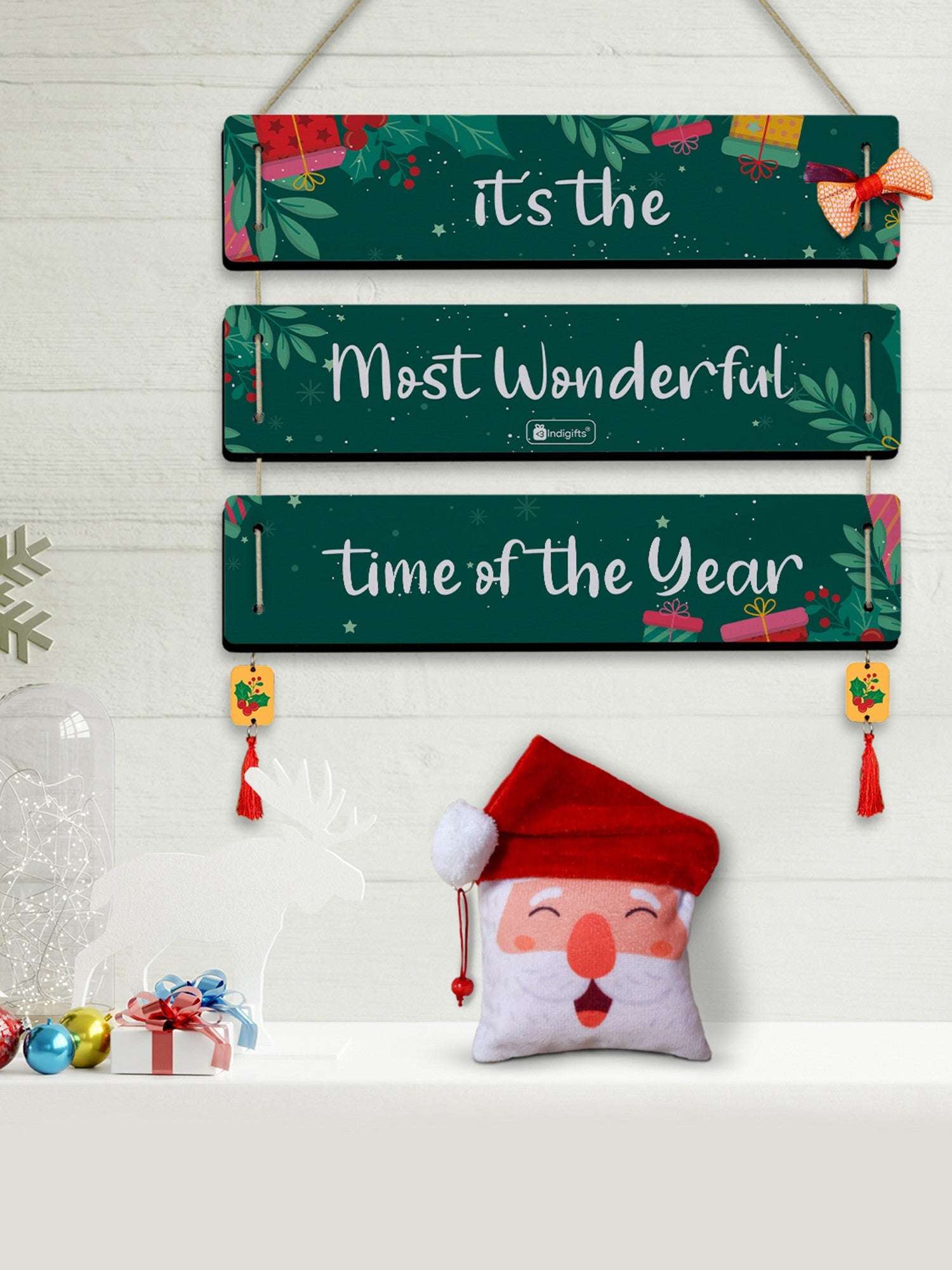 Christmas Decoration Gift Quotes Printed Teal 3 Panel Hanging, Cherry Hanging, Ribbon Bow and Revesible Santa Soft Toy