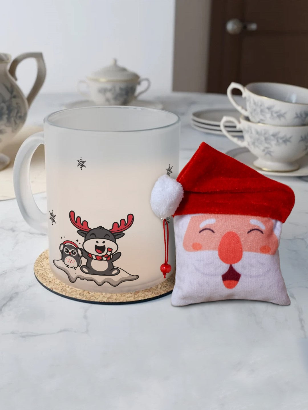 Xmas Gift Items For Friends To Infinity and Beyond Quotes Printed Frosted Mug 325 ml and Revesible Santa Soft Toy