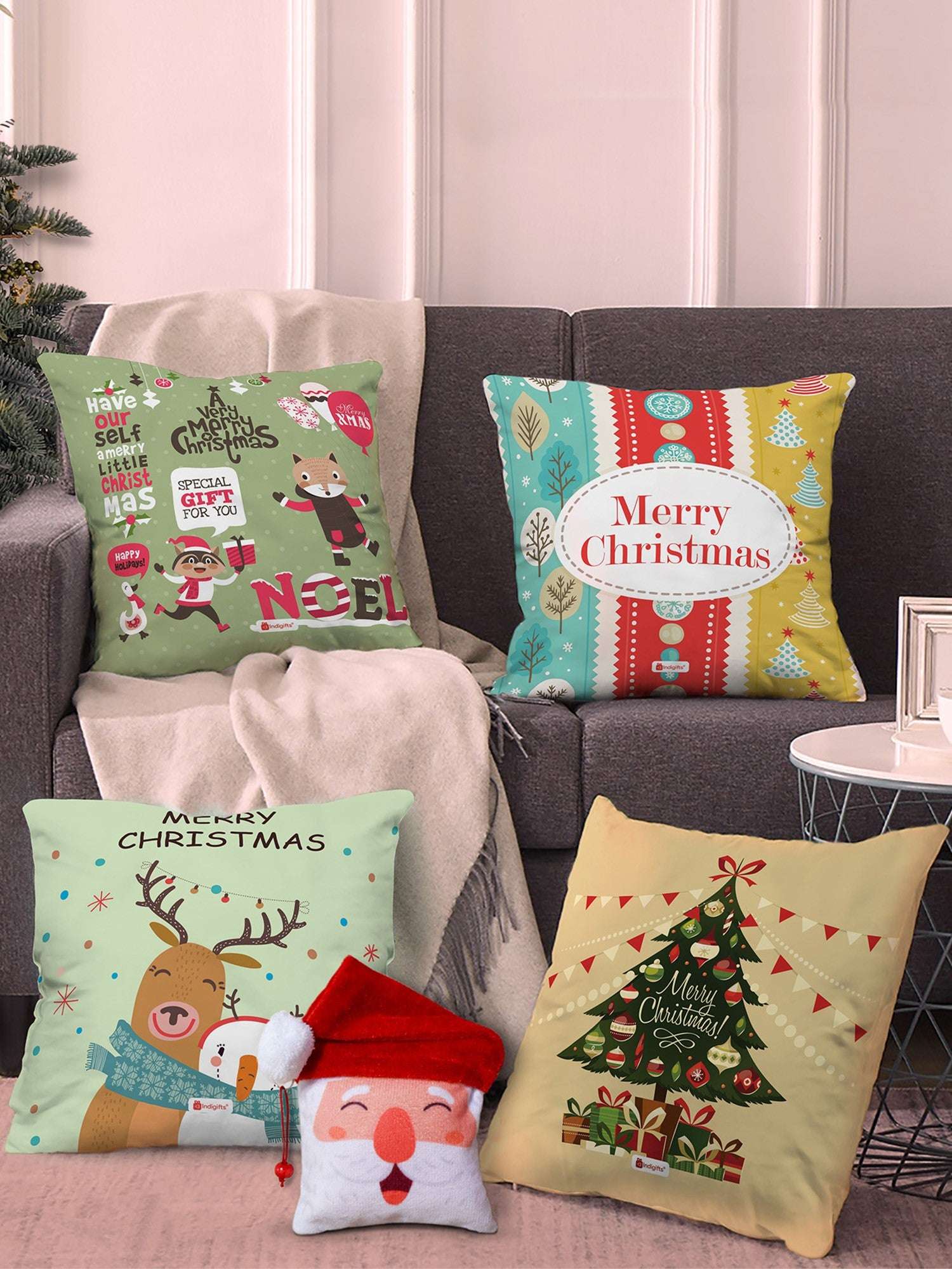 Christmas Decorations for House Christmas Themed Decor Multi Set of 4 Pillow Cushion Cover 16x16 inches and Reversible Santa Soft Toy