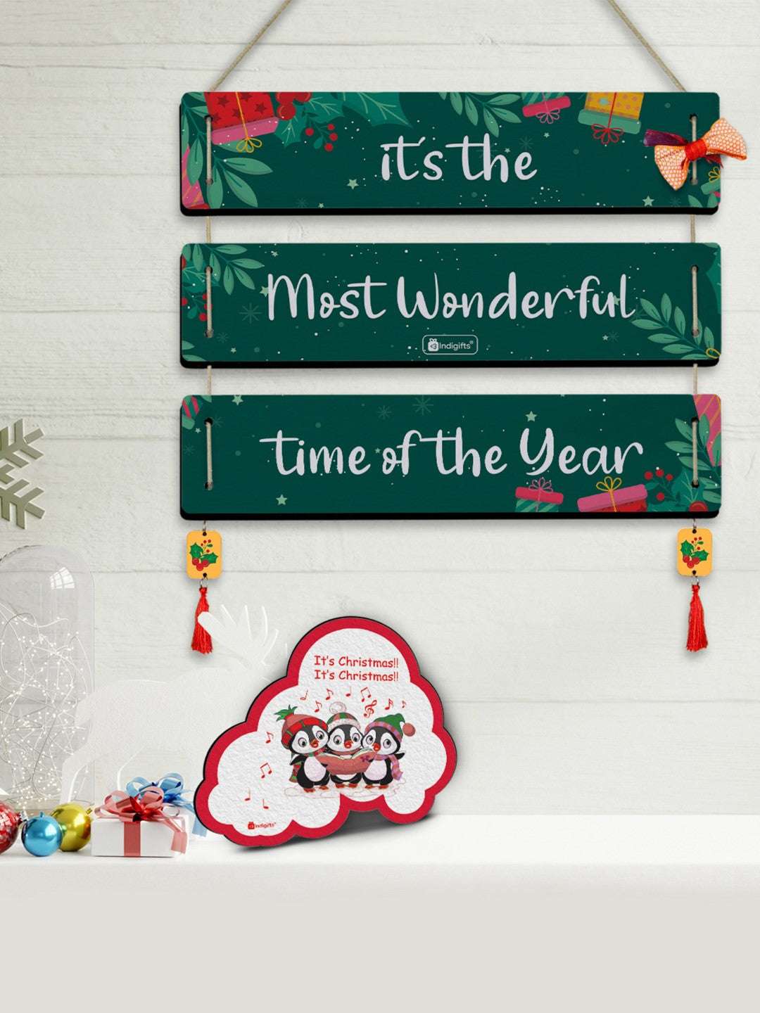 It's the Most Wonderful Time of the Year Quotes Printed 3 Panel Wall Hanging and Penguins Print Fridge Magnet For Christmas Decoration