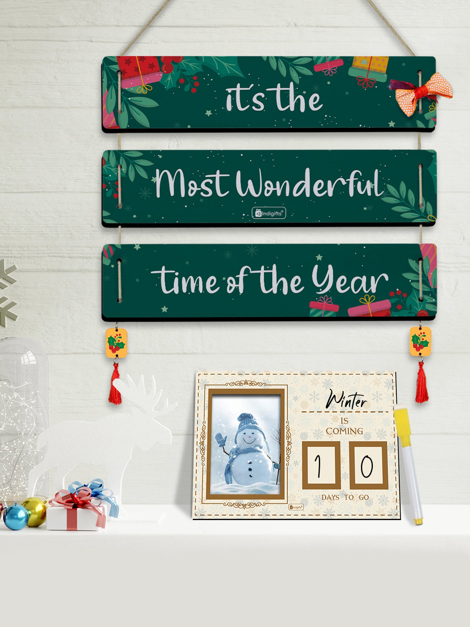 TIS the Season to Be Jolly Quotes Printed 3 Panel Wall Hanging and Brown Fridge Magnet