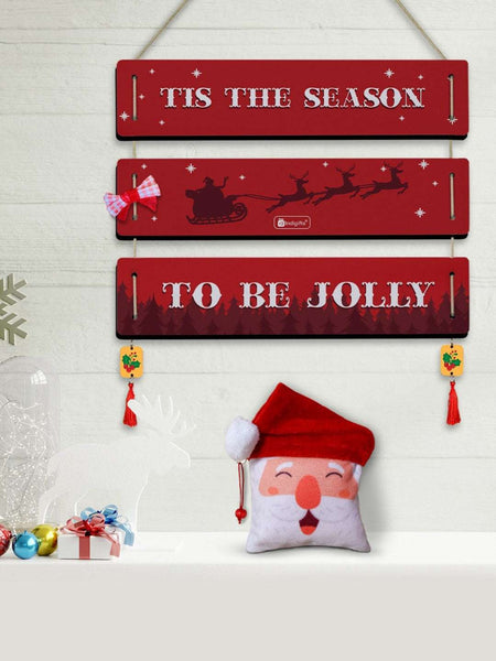 Christmas Decoration Gift Quotes Printed Red 3 Panel Hanging, Cherry Hanging, Ribbon Bow and Revesible Santa Soft Toy