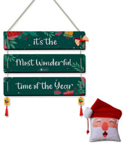 Christmas Decoration Gift Quotes Printed Teal 3 Panel Hanging, Cherry Hanging, Ribbon Bow and Revesible Santa Soft Toy