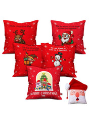 Christmas Cushion Covers Merry Christmas Characters Printed Set of 5 Red Pillow Covers 12X12 Inches with Filler and Revesible Santa Soft Toy