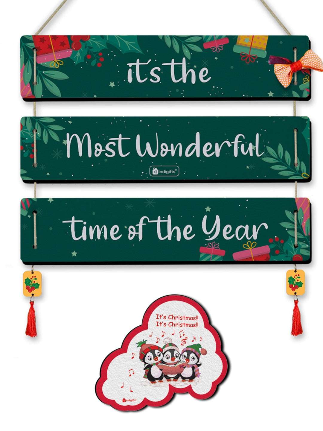 It's the Most Wonderful Time of the Year Quotes Printed 3 Panel Wall Hanging and Penguins Print Fridge Magnet For Christmas Decoration