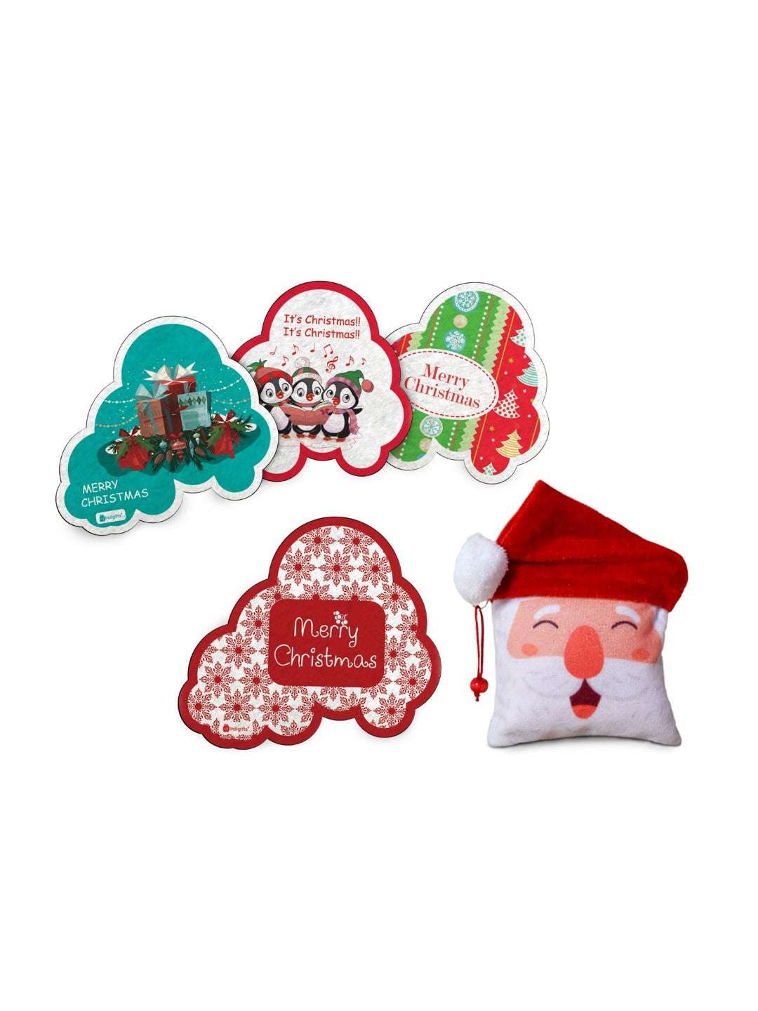 Christmas Gifts for Kids Merry Christmas Quote Printed Cute Xmas Fridge Magnet 7 x 9 cm Set of 4 and Revesible Santa Soft Toy